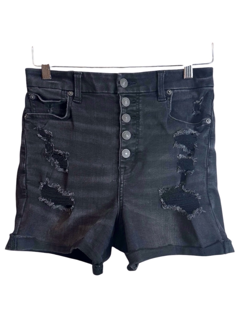 American Eagle Outfitters Curvy Stretch Super Hi Rise Distressed Shortie Shorts